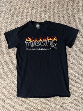 Thrasher Black Tee with Red and Yellow Flame Logo